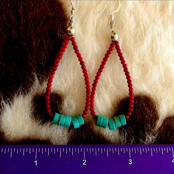 TURQUOISE BEADS & CORAL JACLA EARRINGS. NEW ARTISAN HANDMADE - Picture 3 of 3